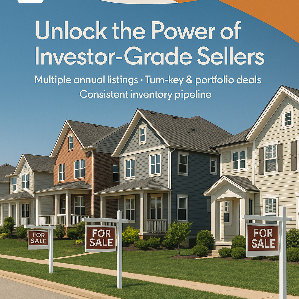 A row of modern suburban homes with “For Sale” signs in front, promoting investor-grade real estate listings for agents and brokers.