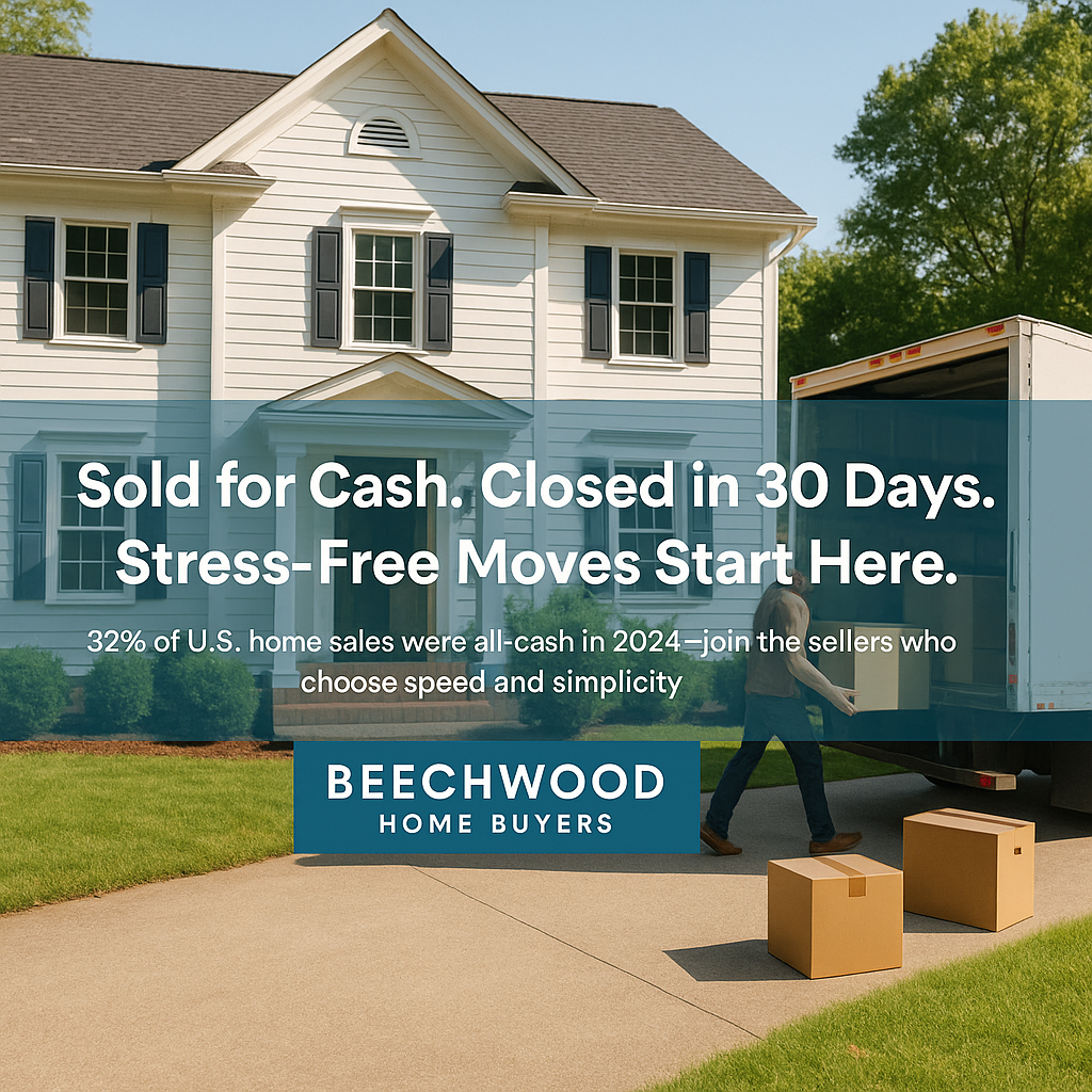Person moving boxes into a truck in front of a suburban house, representing a fast, all-cash home sale with Beechwood Home Buyers.