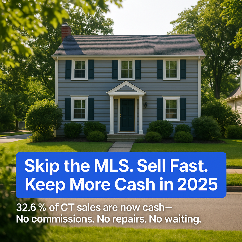 Blue colonial-style home with manicured lawn, highlighting the benefits of selling without the MLS for a fast, cash closing in Connecticut.
