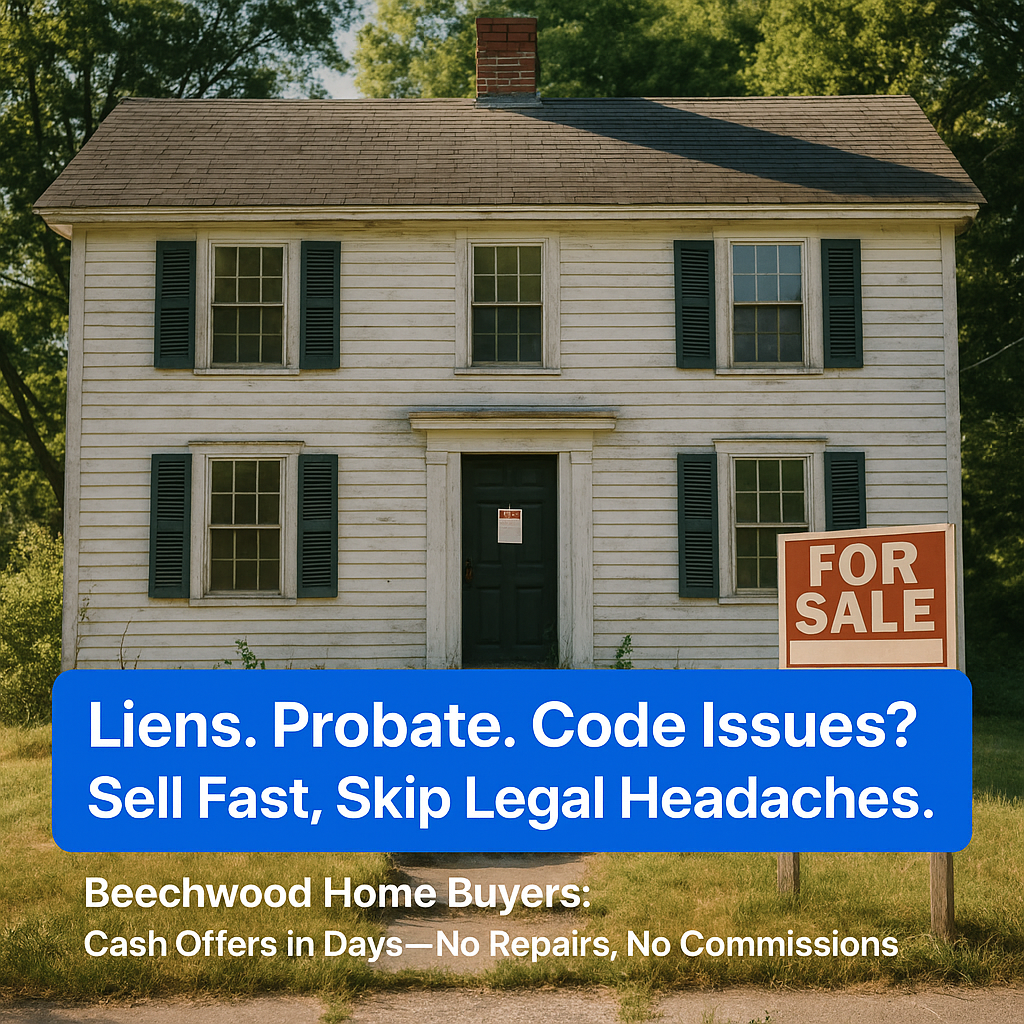 Weathered two-story home with a “For Sale” sign, representing properties with liens, probate, or code violations that can be sold quickly for cash.