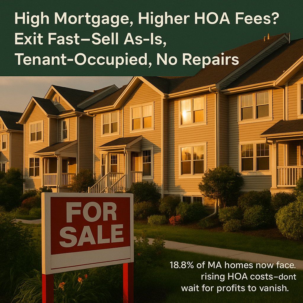 Row of townhomes at sunset with a “For Sale” sign, representing Massachusetts homeowners selling due to rising HOA fees and high mortgage costs.