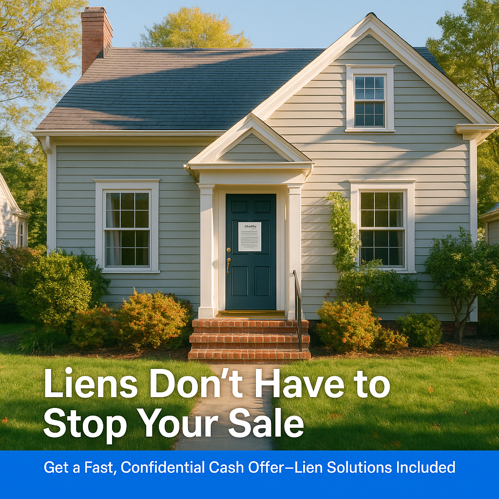 Single-family home with a blue front door, used to illustrate that liens don’t have to block a home sale, with messaging about fast, confidential cash offers including lien solutions.